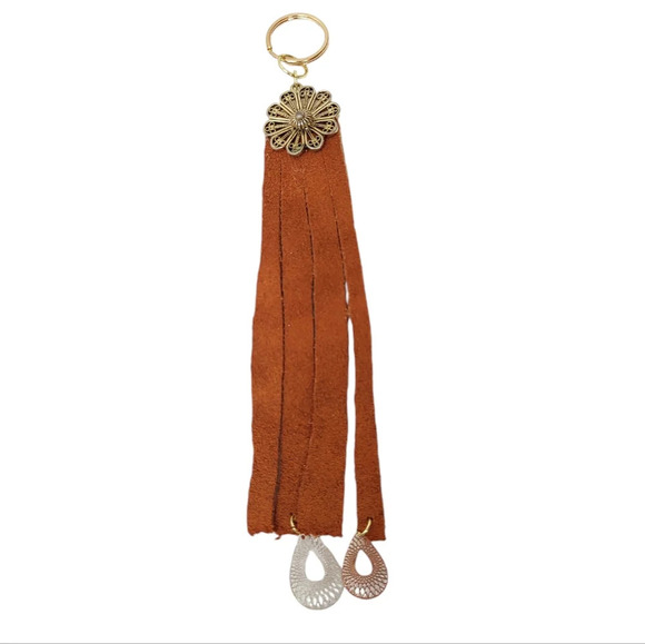 14k Gold Plated Flower Filigree Brown Suede Keychain/ Bookmark - Picture 1 of 2